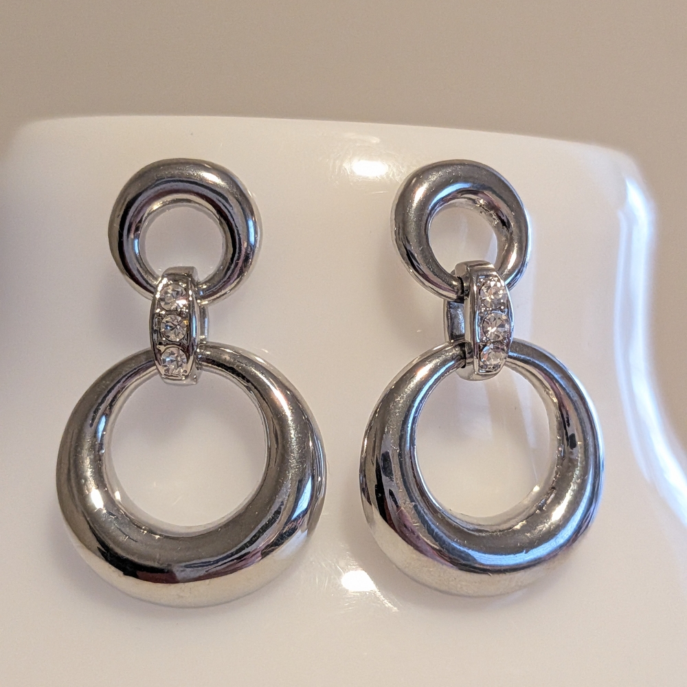 Silvertone Studback Hoop Earrings with Crystal Accents